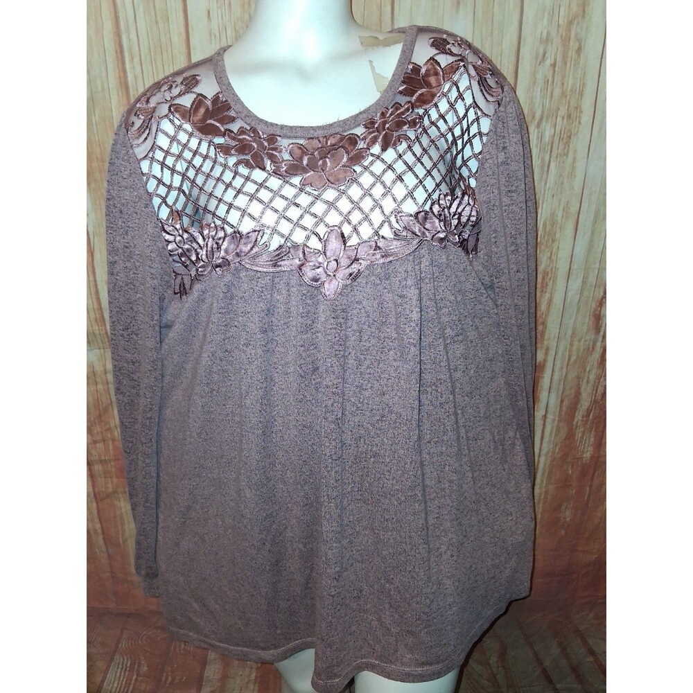 Maurices Pink Heather Long Sleeve Pullover Lace Accent Blouse Sz 2